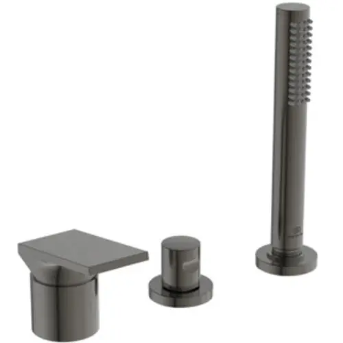 3-Loch-Badearmatur in Magnetic Grey von Ideal Standard, bestehend aus einem Wasserhahn, einer Steuerung und einem Wanneneinlauf, angeordnet in modernem Design.